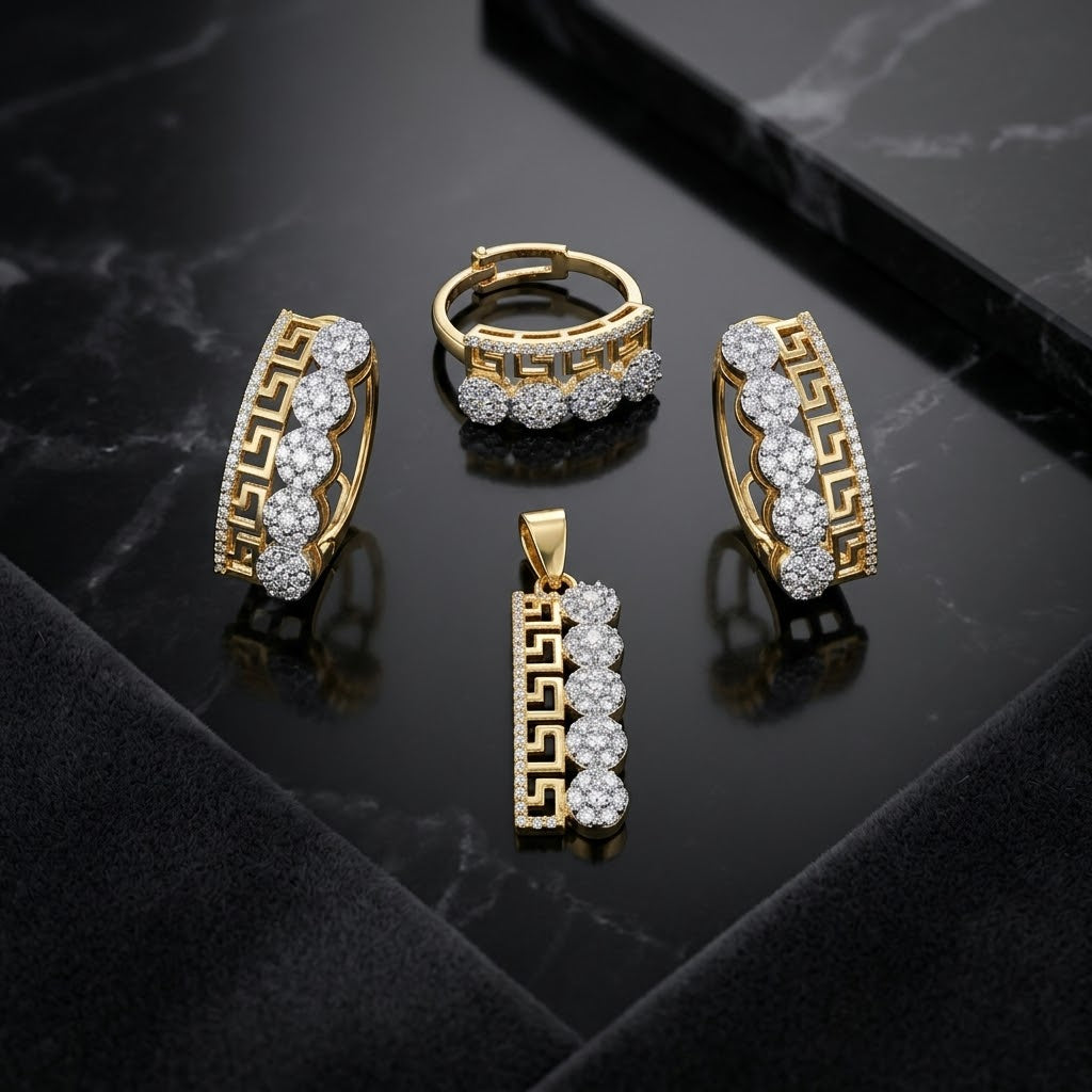 Exclusive Gold-Tone Jewellery Set – Clear Floral & Geometric