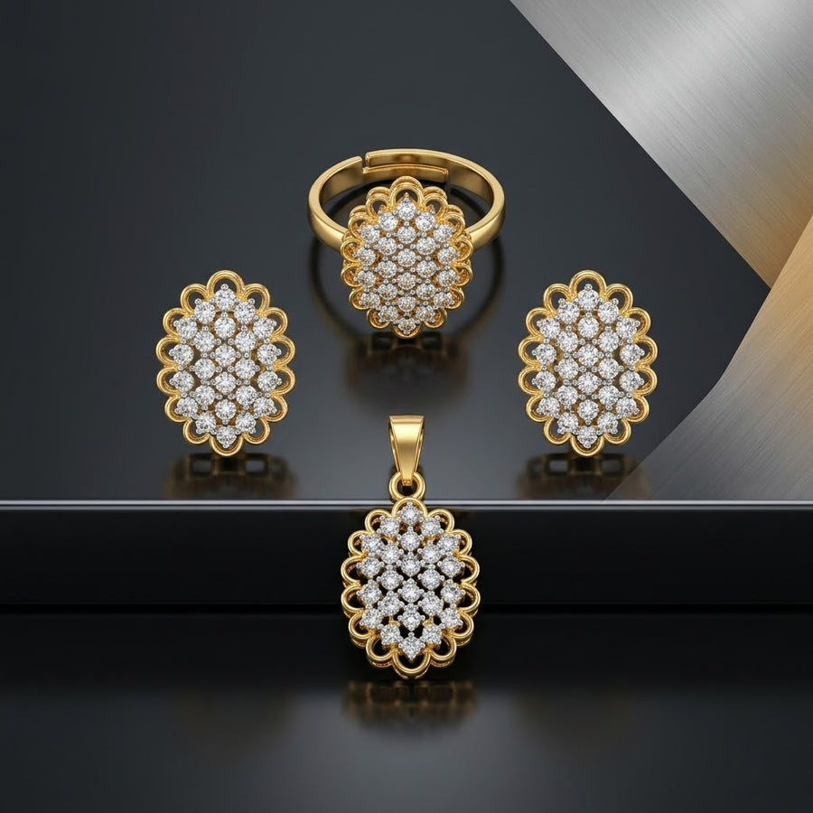 Exclusive Gold-Tone Jewellery Set – Oval Scalloped Cluster