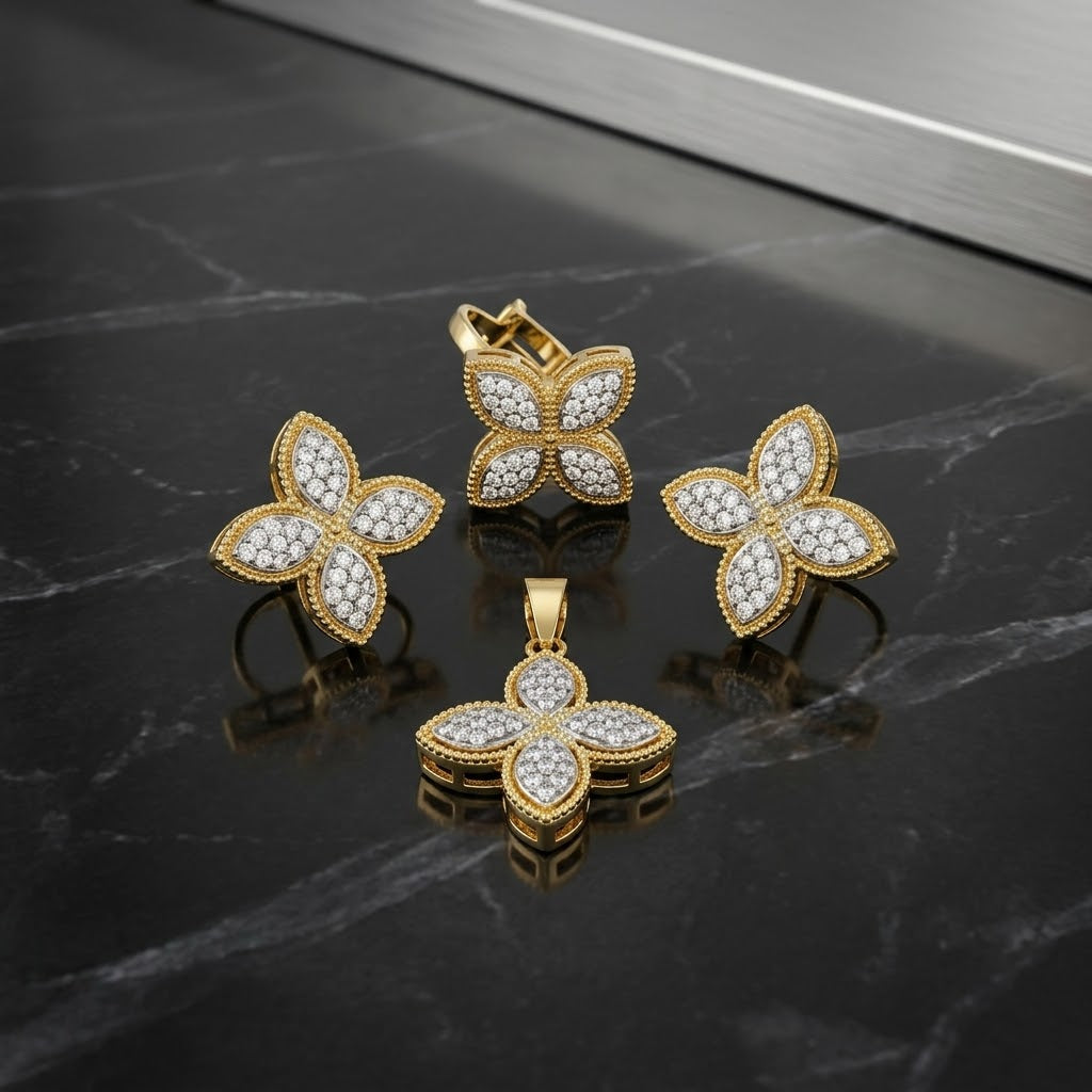 Exclusive Gold-Tone Jewellery Set – Four-Petal Flower