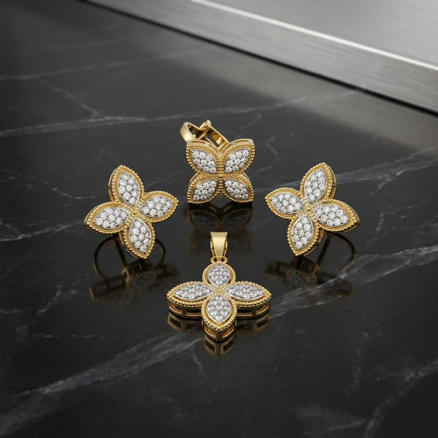 Exclusive Gold-Tone Jewellery Set – Four-Petal Flower