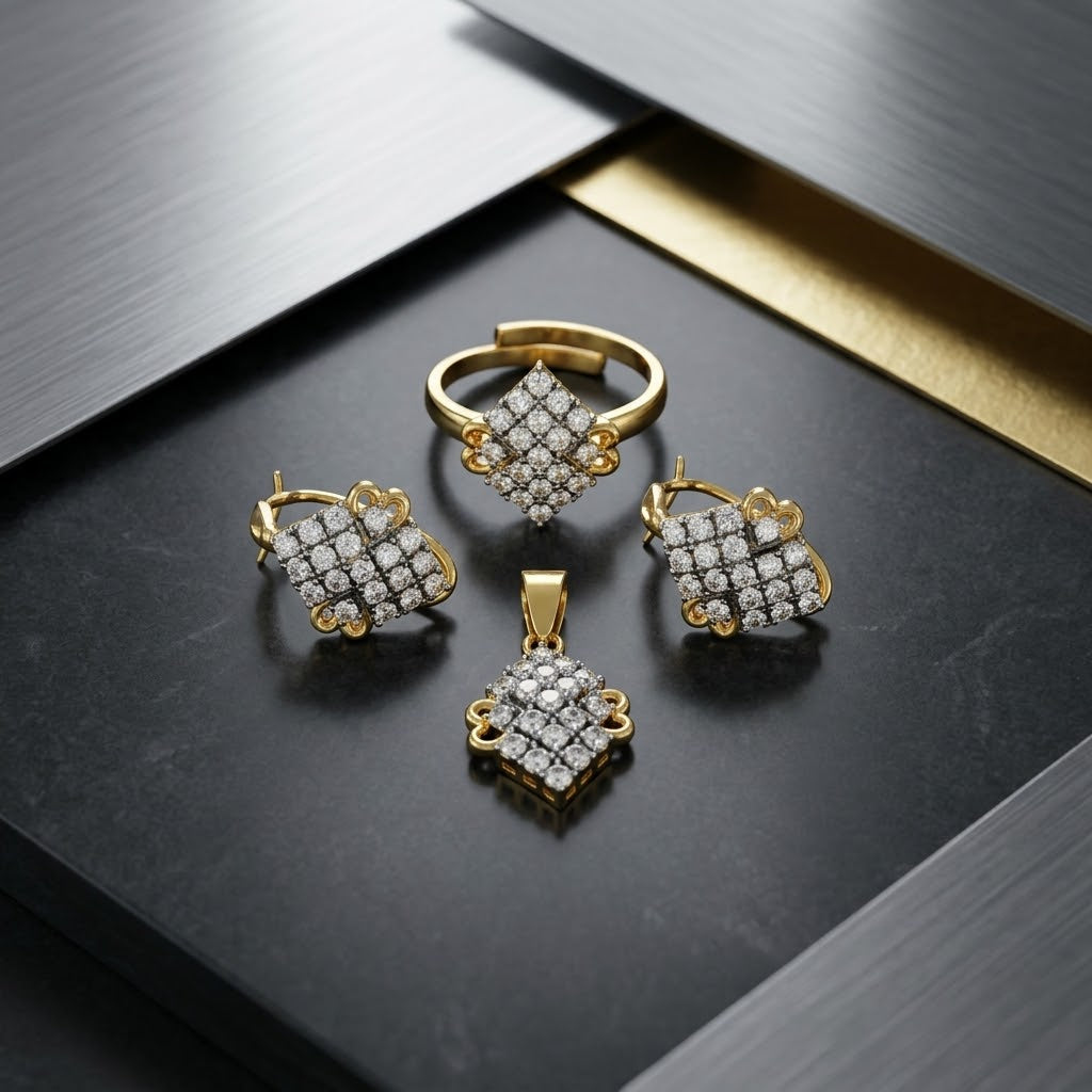 Exclusive Gold-Tone Jewellery Set – Diamond-Shaped Cluster