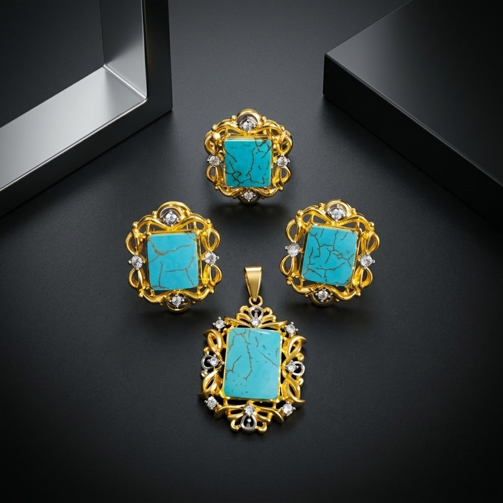 Turquoise-coloured marbled rectangular-centre pendant, earrings and ring with ornate gold-tone detailing