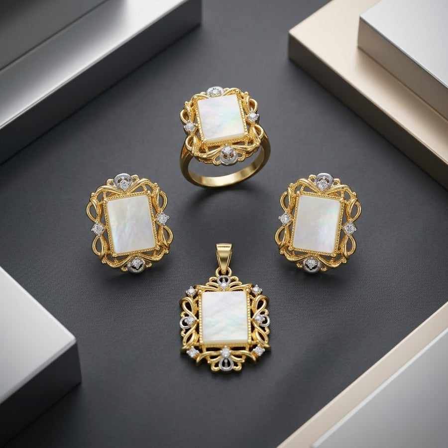Exclusive Gold-Tone Jewellery Set – white textured