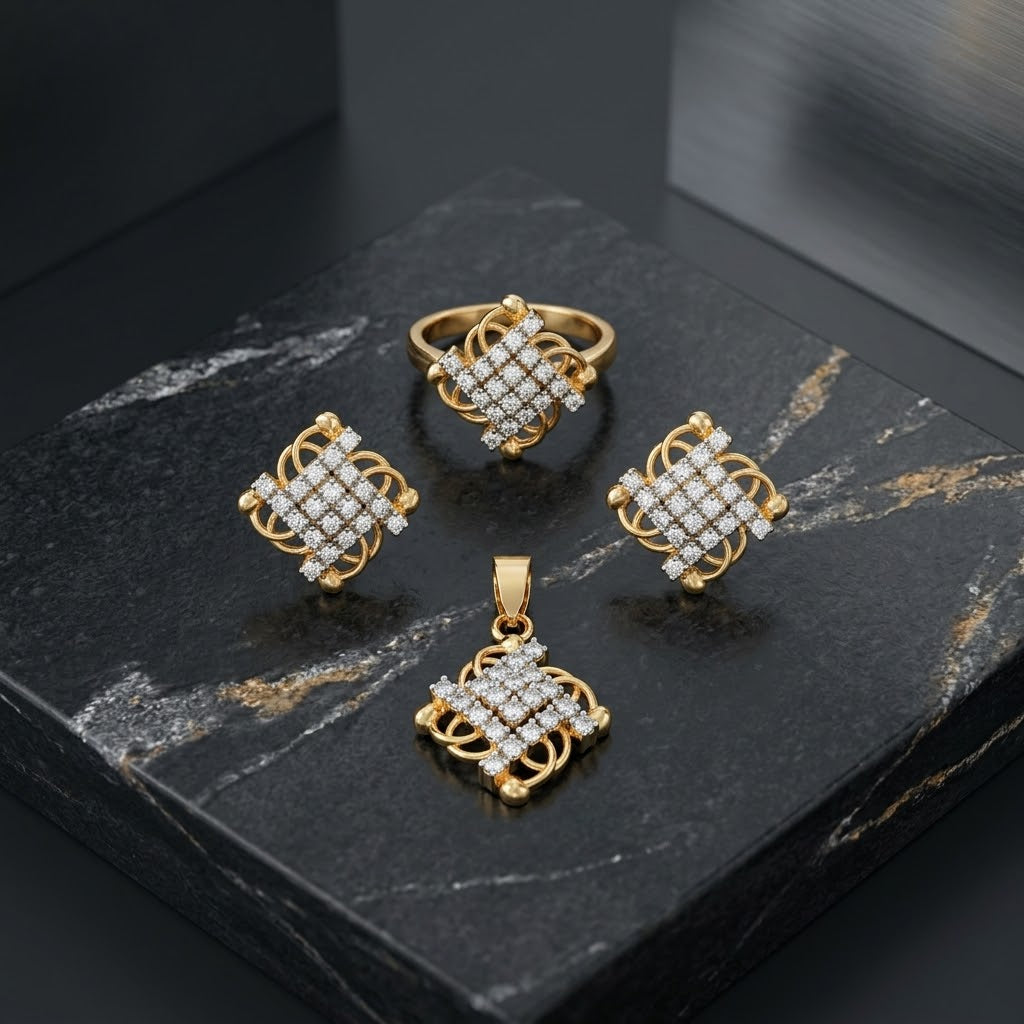 Square lattice gold-tone pendant, earrings and matching ring with clear accents and loop detailing