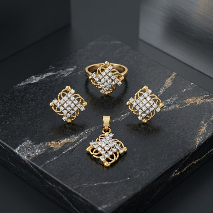 Exclusive Gold-Tone Jewellery Set – Square Lattice
