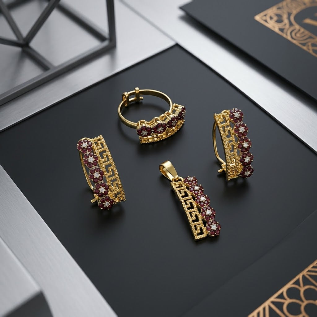 Maroon floral pendant, earrings and ring with gold-tone geometric detailing and clear accents