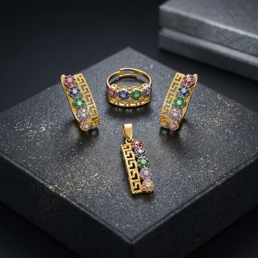Exclusive Gold-Tone Jewellery Set – Multicolour Floral & Geometric