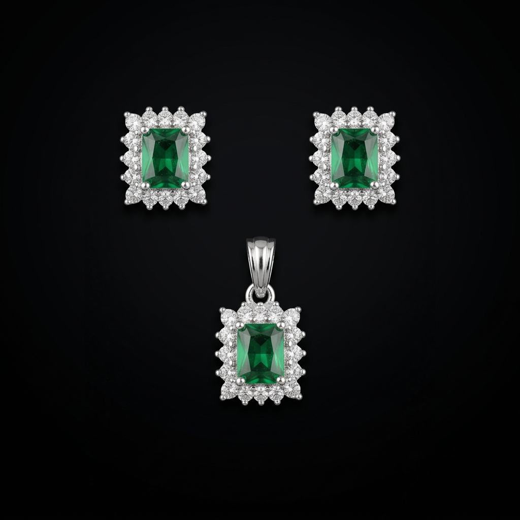 Rectangular Halo Pendant & Earrings Set