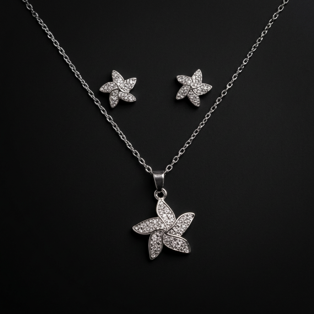 SILVZAR Five-Petal Flower Pendant & Earring Set