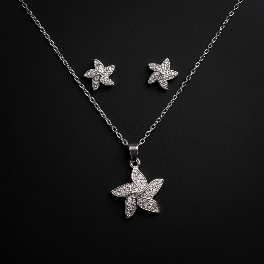 SILVZAR Five-Petal Flower Pendant & Earring Set