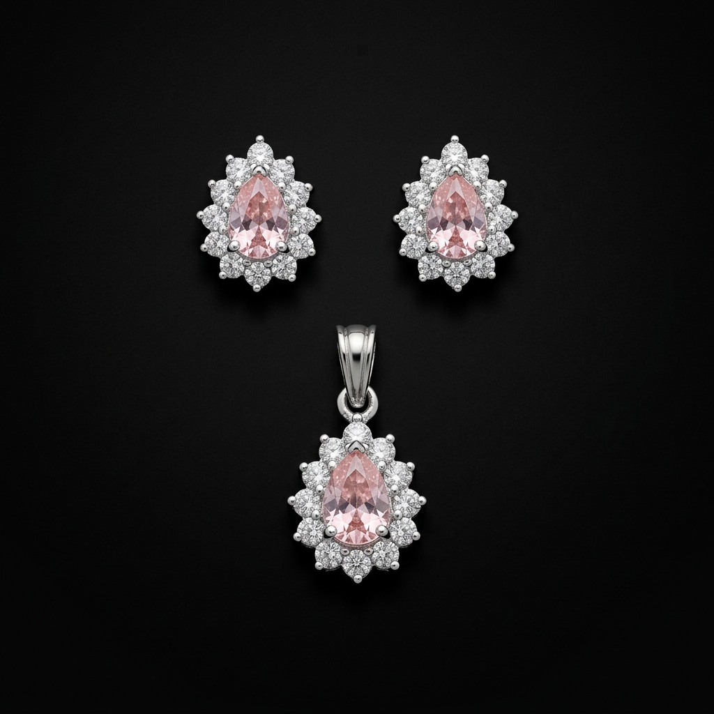 925 Silver Teardrop Halo Pendant & Earrings Set