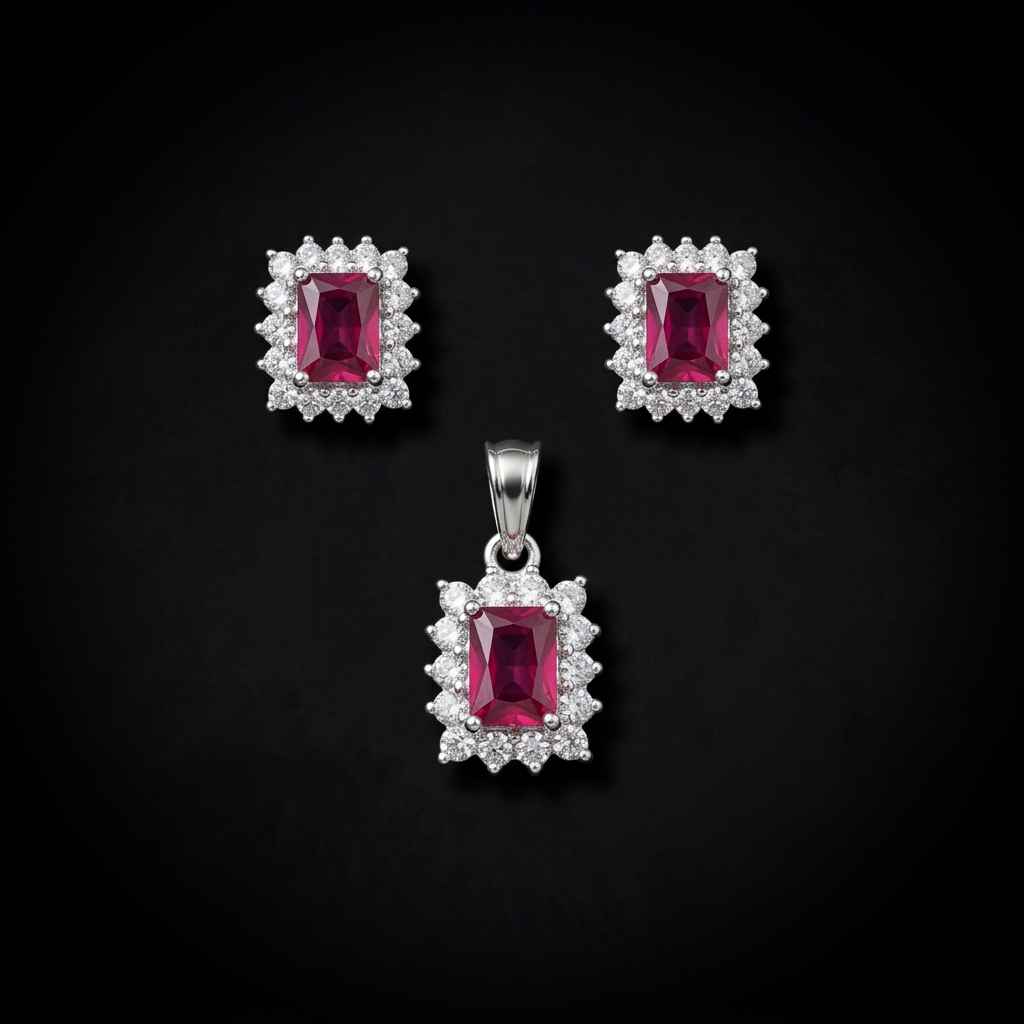 Rectangular Halo Pendant & Earrings Set