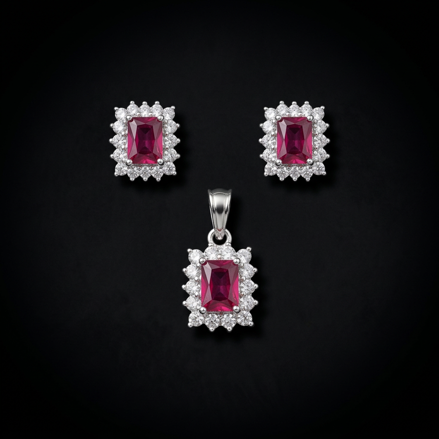 Rectangular Halo Pendant & Earrings Set