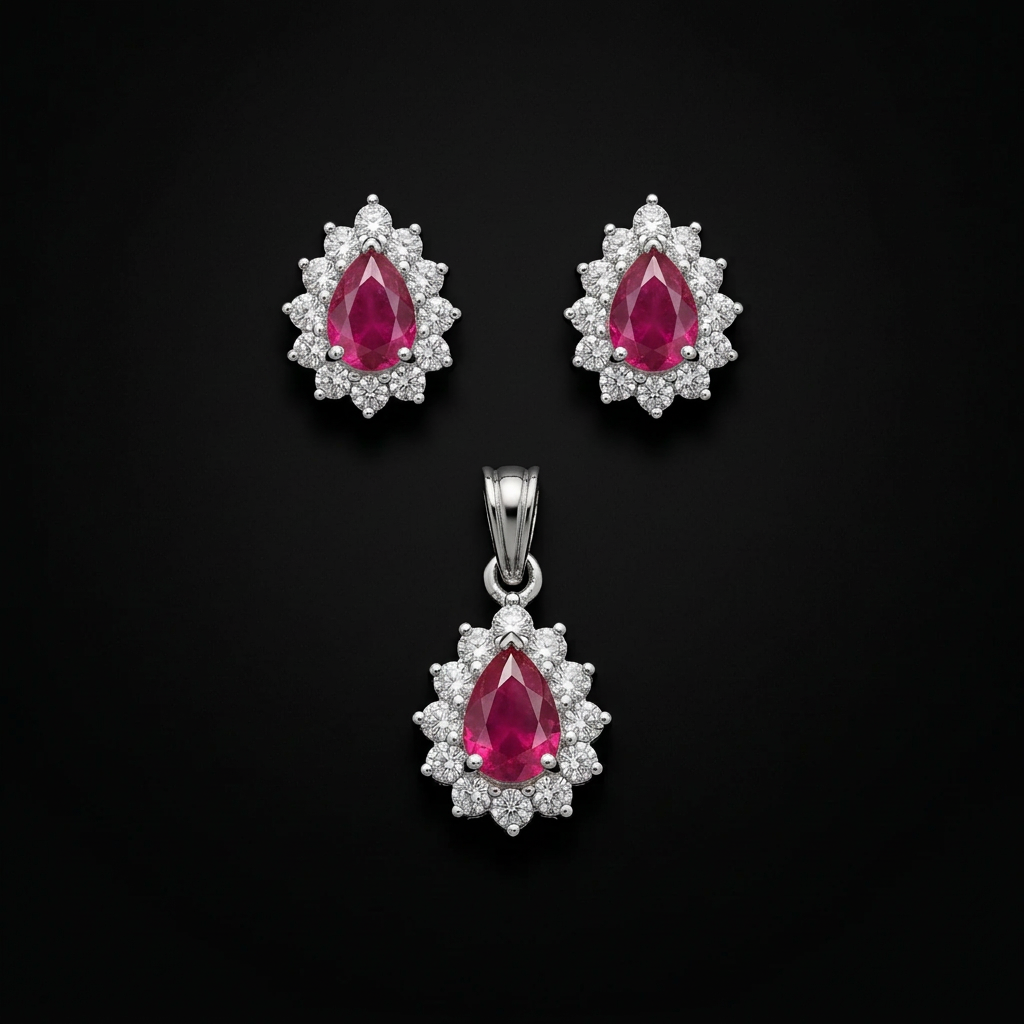 925 Silver Teardrop Halo Pendant & Earrings Set