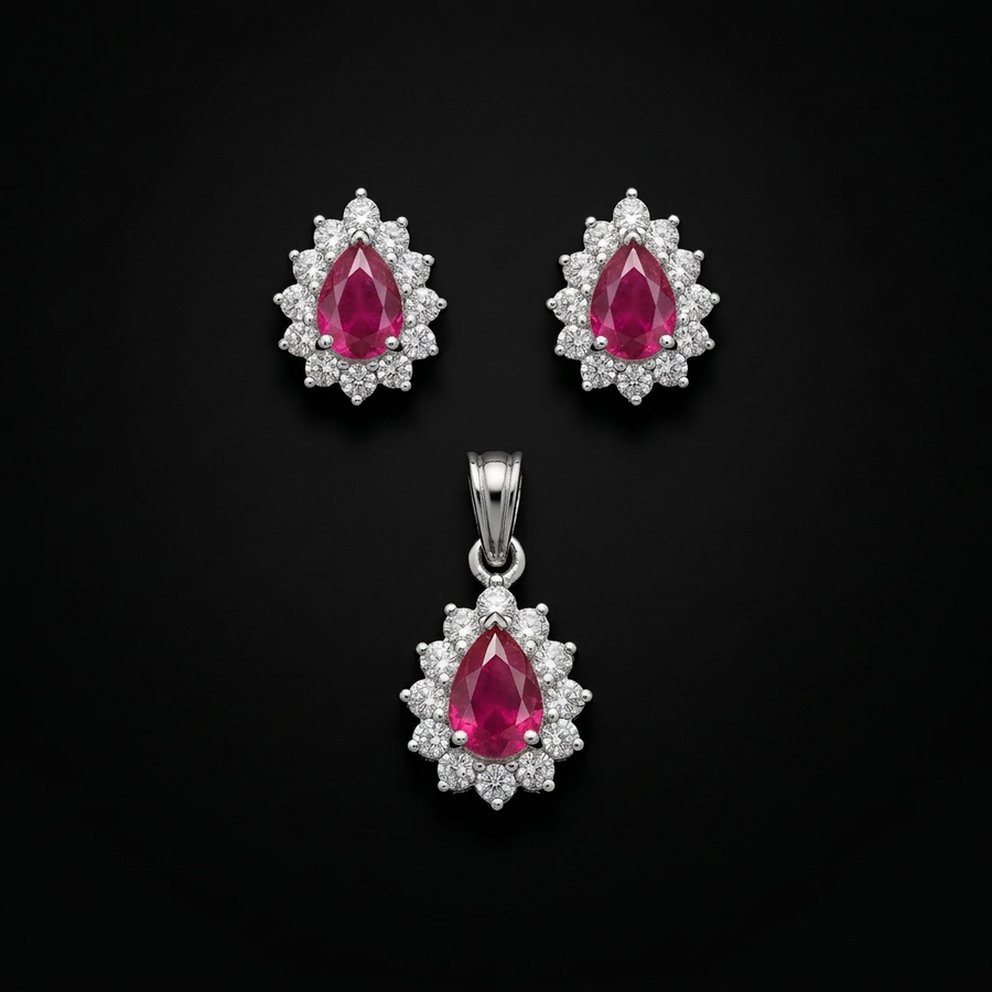 925 Silver Teardrop Halo Pendant & Earrings Set