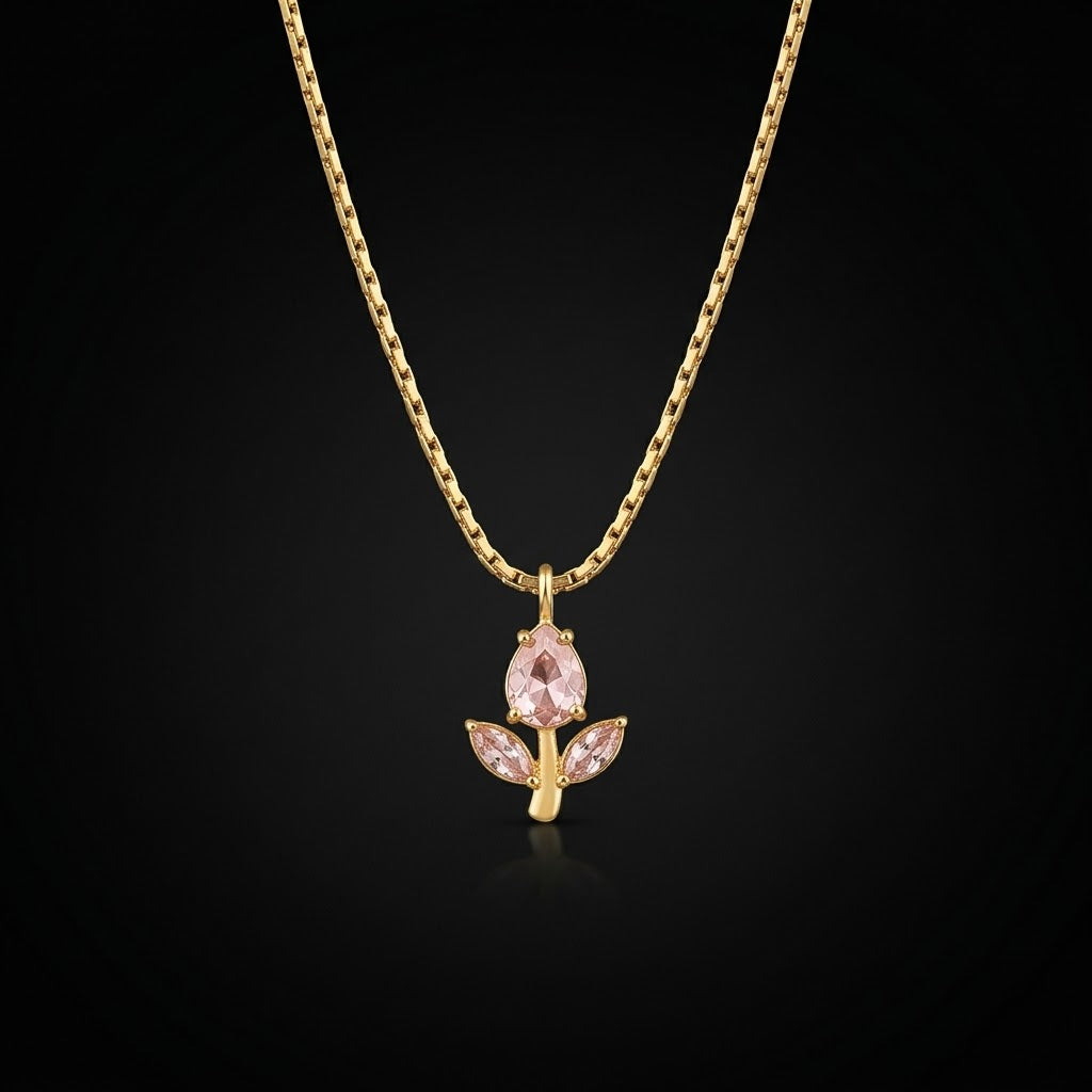 Gold-Tone Pink Floral Stainless Steel Necklace