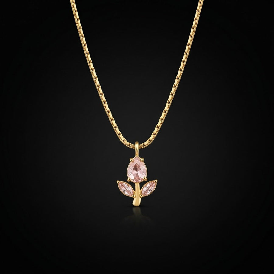 Gold-Tone Pink Floral Stainless Steel Necklace