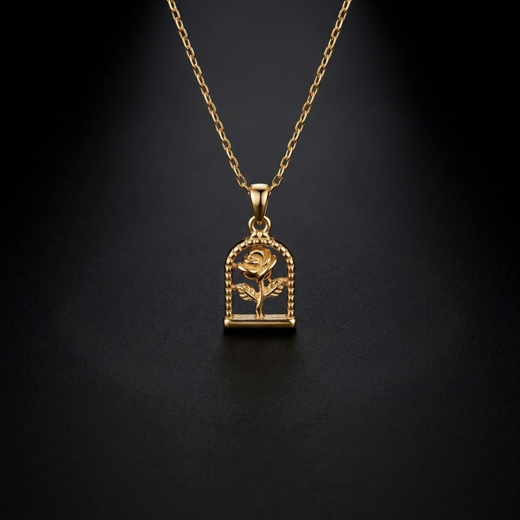 Gold-Tone Framed Rose Stainless Steel Necklace