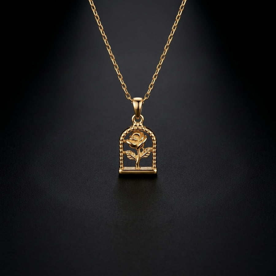 Gold-Tone Framed Rose Stainless Steel Necklace