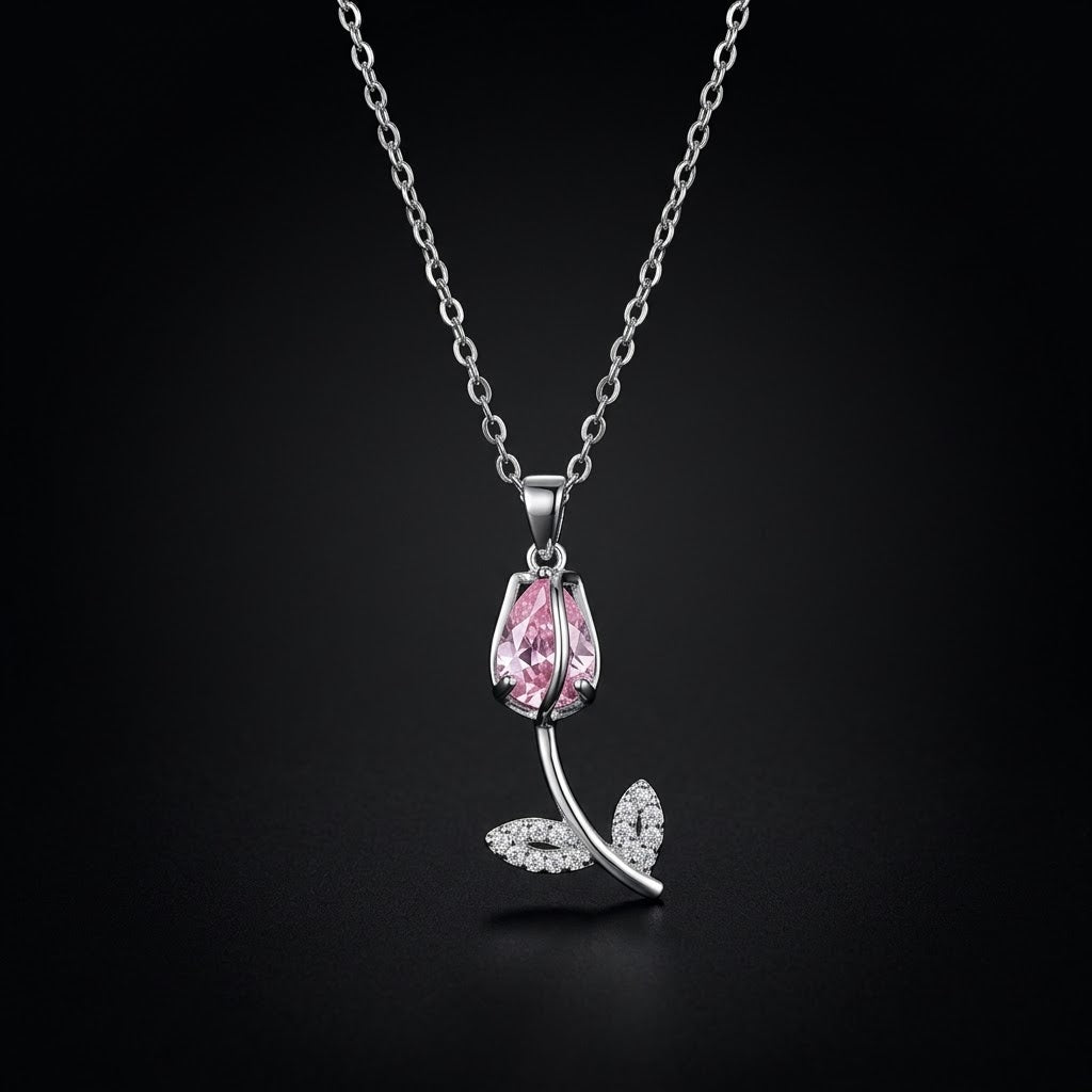 Pink Tulip Stainless Steel Necklace
