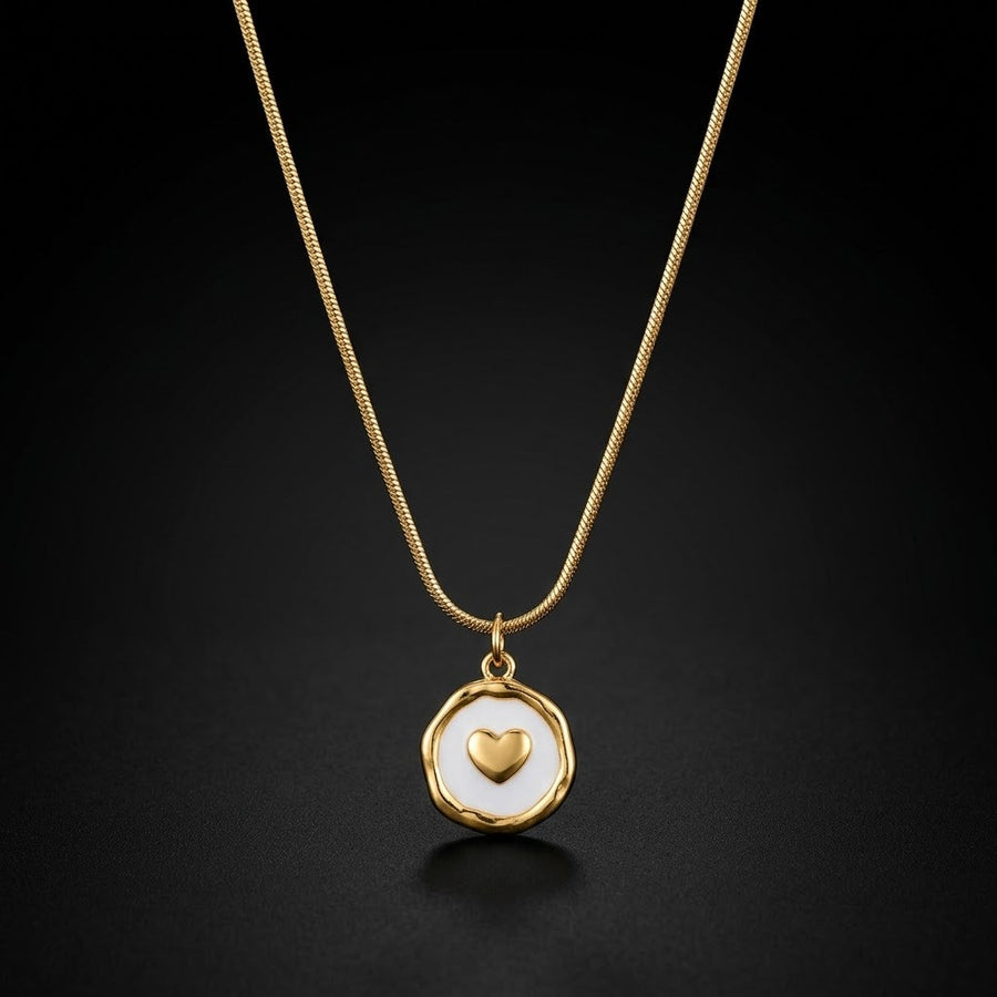 Gold-Tone White Heart Medallion Stainless Steel Necklace