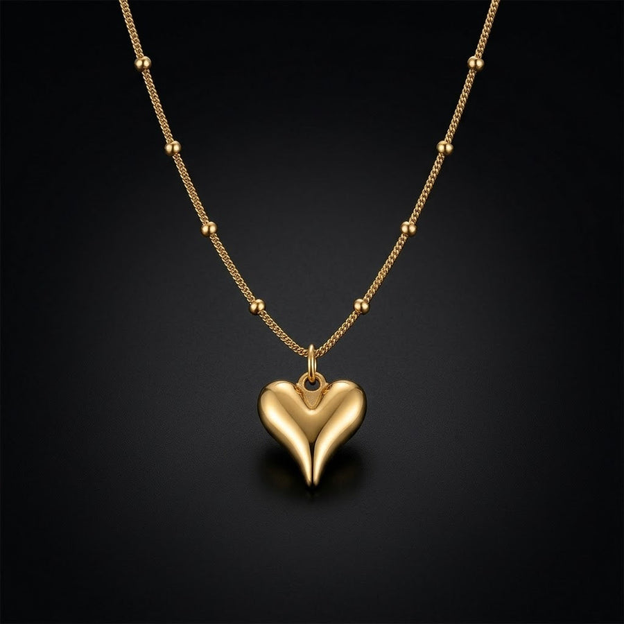 Gold-Tone Puffed Heart Beaded Stainless Steel Necklace