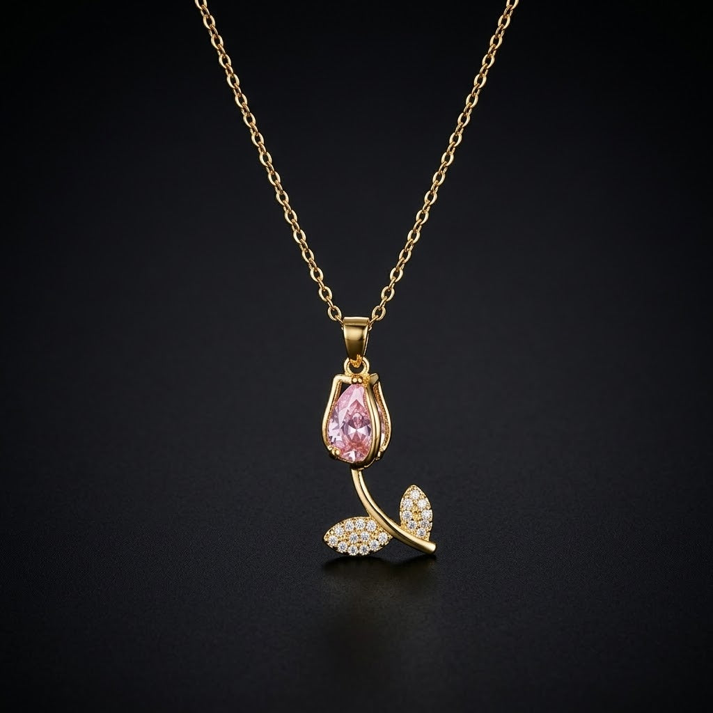 Pink Tulip Stainless Steel Necklace