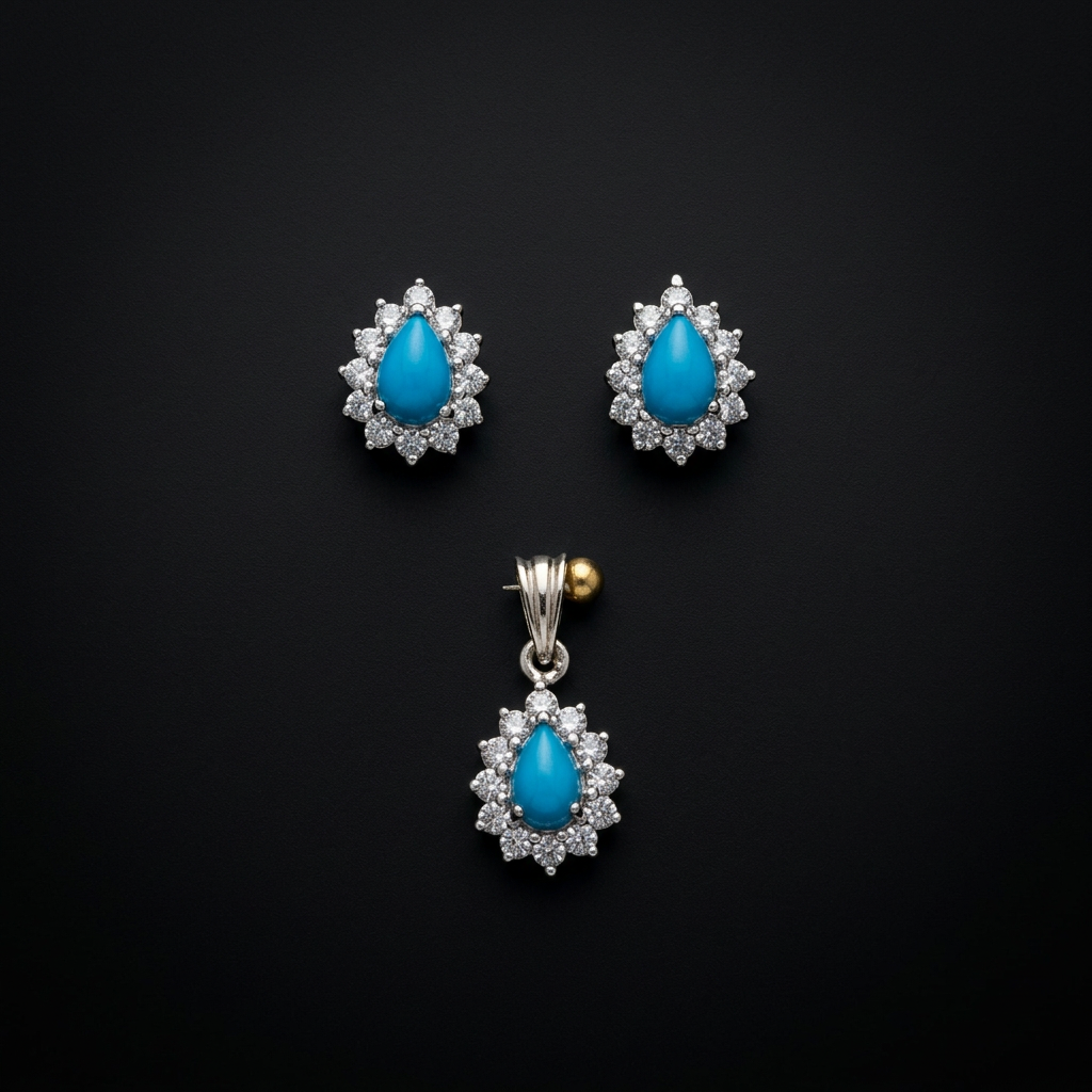925 Silver Teardrop Halo Pendant & Earrings Set